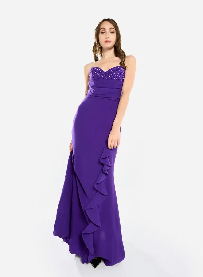 هاوس اوف مودا فستان سهرة طويل مكشكش ومزين بالخرز